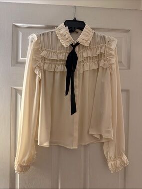 Forever 21 Cream Ruffle Blouse with Black Bow